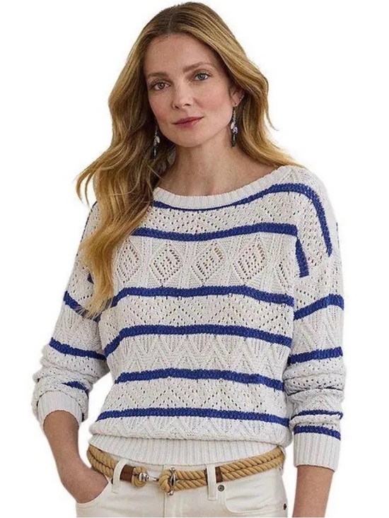 Lauren Ralph Lauren Sweaters - Lauren Ralph Lauren Open Knit Striped Sweater Women M White Blue Cotton Blend